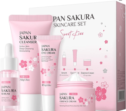 LAIKOU Skin Care Set JAPAN SAKURA Beauty Gift Sets Skin Care Kit with Cleanser, Serum, Eye Cream, Face Cream Travel Kit for Women Mom Wife Teen Girls Gentle Skin Cleaning TSA-friendly Sizes 4pcs