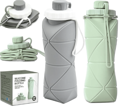 (2 Pack) RUNGOS Collapsible Water Bottle for Travel [Double Leak-proof Design] [Cap with Safety Rope] BPA Free Silicone Foldable Water Bottle for Outdoor Hiking Sports Lightweight, Couple (Gray+Green)