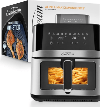 Sunbeam Alinea Max 7.5L DiamondForce Air Fryer | Durable Non Stick, Large Viewing Window, Internal Light, 10 Cooking Functions, Compact Size, Stainless Steel Finish AFP4570DF