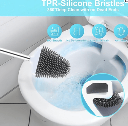 Boperzi Silicone Toilet Brush - Wall Mount Toilet Brush Holder Set with Tweezer and Leak Proof Base, Silicon Bristles Toilet Bowl Cleaner Brush with Stainless Steel Handle for Bathroom White Flat