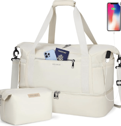 Travel Duffel Bags for Women Waterproof Weekender Overnight Bag Gym Tote Bag with Shoe Compartment and Wet Pocket Weekend Carry on Duffle Bag with USB Charging Port, Beige